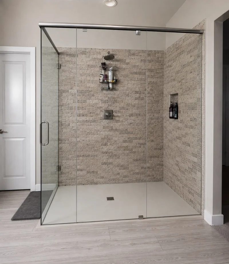 Walk-in glass shower with stone look wall tile and a built-in niche